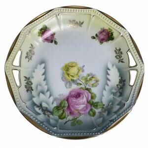 Antique PK Silesia Koenigszelt Handled Cake Plate Roses Gold Reticulated 9”